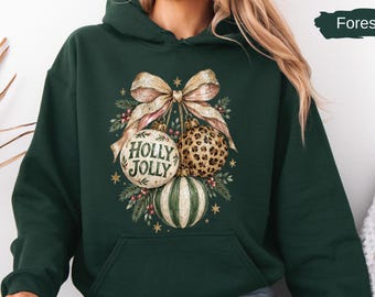 Holly Jolly Christmas Hoodie, Leopard Ornament Hoodie, Neutral Christmas Bow Pullover, Preppy Xmas Apparel