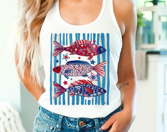 Retro Striped Fish Tank Top, Coastal Fourth of July Patriotic Apparel