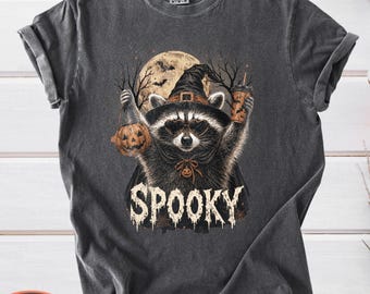 Comfort Colors Spooky Raccoon T-Shirt, Halloween Raccoon Moon Shirt, Pumpkin Season, Witch Hat Animal
