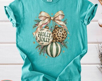 Comfort Colors Holly Jolly Christmas T-Shirt, Leopard Ornament Shirt, Neutral Christmas Bow Tee