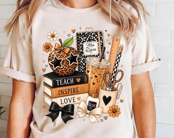 Custom Leopard Teacher Apple Shirt, School Supplies T-Shirt, Back to School Tee