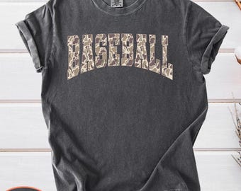 Distressed Camo Baseball Comfort Colors T-Shirt: Camouflage Game Day Shirt