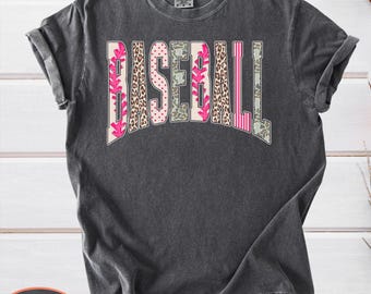 Retro Baseball Game Day Comfort Colors: Stripes Leopard Pink Shirt, Camo Distressed Varsity T-Shirt