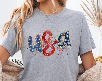 USA Splatter T-Shirt, Patriotic American Flag Tee, Fourth of July, Girly Independence Day Tee