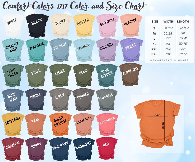 Op de afbeelding: Comfort Colors 1717 kleur- en maattabel met vijfendertig T-shirt kleurstalen inclusief labels, een maattabel in inches en een diagram dat de borst- en lengtematen van de getoonde T-shirts weergeeft voor een duidelijk overzicht.