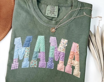 Comfort Colors Faux Patchwork Mama Shirt : Floral Varsity Pattern Mother Outfit