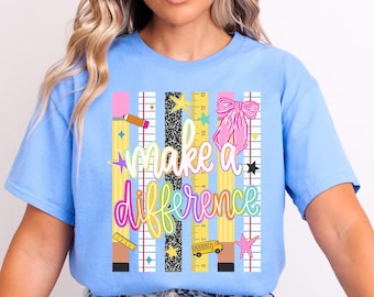 Make a Difference Teacher T-Shirt, Striped Pencil Notebook Crayon Shirt, Preppy Teacher Graphic Tee