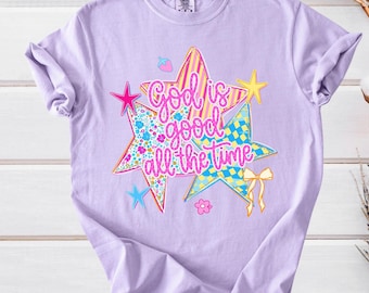 Comfort Colors God Is Good All The Time Tee, Preppy Christian T-Shirt, Colorful Star Graphic
