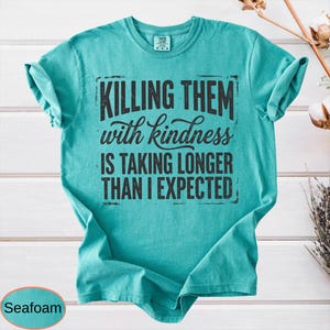 Op de afbeelding: Een zeegroen t-shirt met korte mouwen en zwarte, verweerde tekst die luidt: KILLING THEM with kindness IS TAKING LONGER THAN I EXPECTED. Het shirt heeft een ronde hals en een standaard pasvorm met een opvallend grafisch ontwerp op de voorzijde.