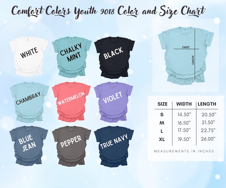 Op de afbeelding: Comfort Colors Youth 9018 kleur- en maattabel met negen t-shirts in wit, chalky mint, zwart, chambray, watermeloen, violet, blue jean, pepper en true navy. Bevat een maattabel in inches voor de maten S, M, L en XL.