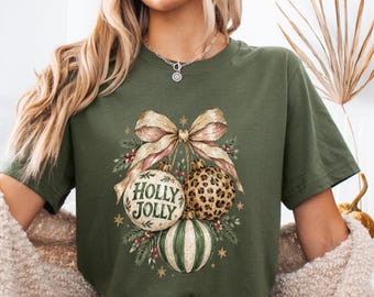 Holly Jolly Christmas T-Shirt, Leopard Ornament Shirt, Neutral Christmas Bow Tee, Preppy Xmas Apparel