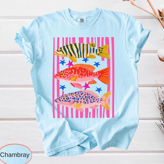 Comfort Colors Preppy Fish Shirt, Summer Vacation Tee, Girls Fishing Tshirt, Beach Vibes