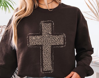 Cheetah Cross Sweatshirt, Christian Faith Sweatshirt, Leopard Religious Crewneck, Preppy Church Apparel