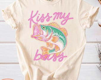 Comfort Colors Kiss My Bass, Funny Fishing Shirt, Preppy Coastal Tee, Colorful Summer T-Shirt