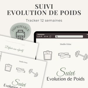 Peut inclure: Un suivi de l'évolution du poids numérique avec le texte "SUIVI EVOLUTION DE POIDS" et "Tracker 12 semaines". L'image comprend une tablette, des feuilles imprimées et un autocollant avec une icône d'imprimante.