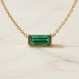Emerald Necklace | May Birthstone - Horizontal Baguette Birthstone Necklace | 14k Gold Plated Chain, Minimalist Jewelry
