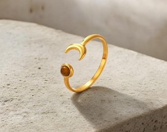 Tijgeroog ster en maan open ring 18k verguld – hemelse elegantie in luxe goudkleur | Fashion boho-statementring
