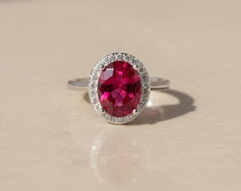 Oval Cut Ruby Halo Ring • Sterling Silver Bridal Promise Ring