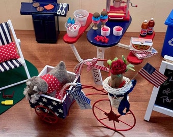 4th of July Parade Vignette Bike Patriotic 11.5 Fashion Doll  Size Furniture Dollhouse Custom Display Set Diorama OOAK 1:6