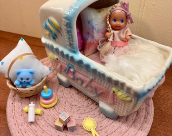 Baby of Mine Bassinet Nursery Bedroom Crib Vignette 11.5 Fashion Doll Furniture Dollhouse Diorama 1:6