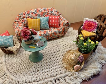 Cozy Country Living Room Vignette 11.5 Fashion Doll Size Furniture Dollhouse Custom Display Set Diorama OOAK 1:6