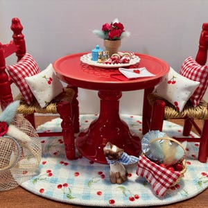 Merry Cherry Dining Room Vignette 11.5 Fashion Doll Size Furniture Dollhouse Custom Display Set Diorama OOAK 1:6