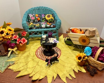 Sunflower Garden Patio Vignette 11.5 Fashion Doll Size Furniture Dollhouse Diorama OOAK 1:6