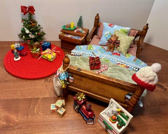 Christmas Trains Children's Bedroom Vignette 11.5 Fashion Doll Size Furniture Dollhouse Custom Display Set Diorama OOAK 1:6