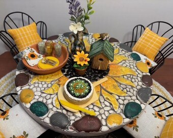 Mosaic Sunflower Dining Room 11.5 Fashion Doll Size Furniture Dollhouse Diorama OOAK 1:6