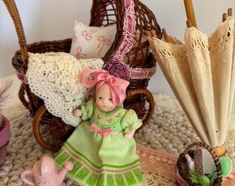 Victorian Baby Pram Stroller Porcelain Doll Vignette 11.5 Fashion Doll Size Furniture Dollhouse Custom Display Set Diorama OOAK 1:6