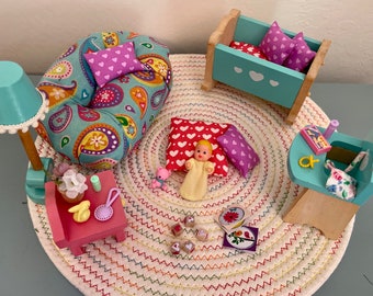 Heart Nursery Baby Bedroom Crib Vignette 11.5 Fashion Doll Size Furniture Dollhouse Diorama OOAK 1:6