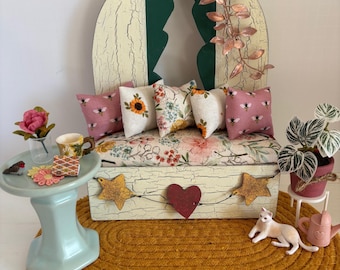Floral Storage Bench Patio Garden Vignette 11.5 Fashion Doll  Size Furniture Dollhouse Custom Display Set Diorama OOAK 1:6