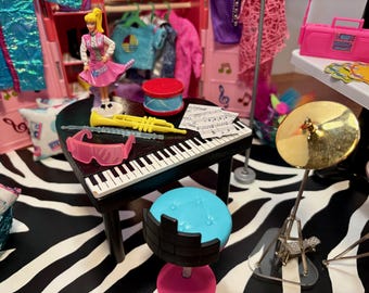 1980's Music Shop Instruments Store 11.5 Fashion Doll  Size Furniture Dollhouse Custom Display Set Diorama OOAK 1:6