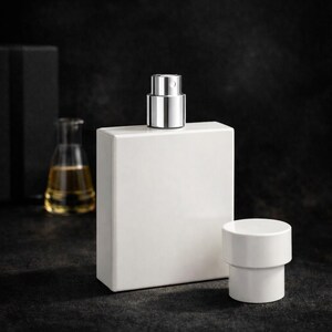 Puede incluir: Un frasco de perfume blanco rectangular con un pulverizador metálico plateado y un tapón cilíndrico a juego. El frasco está sobre una superficie oscura, con un pequeño frasco de vidrio y una caja negra en el fondo.