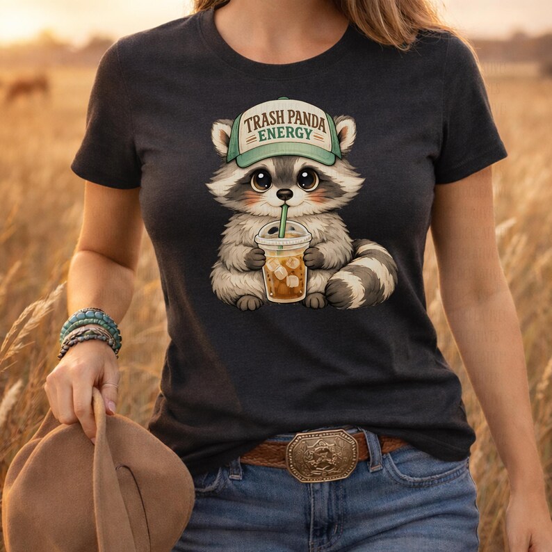 May include: Dark gray t-shirt featuring a cartoon raccoon wearing a green hat with the text "Trash Panda Energy." The raccoon is holding a drink with ice cubes and a straw. The shirt is paired with blue jeans and a brown belt.