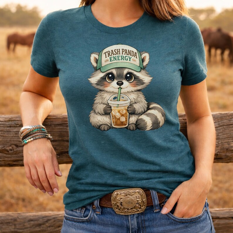 May include: Teal t-shirt featuring a cartoon raccoon wearing a green hat with the text "Trash Panda Energy." The raccoon is holding a cup of iced coffee. The shirt is made of a soft material.
