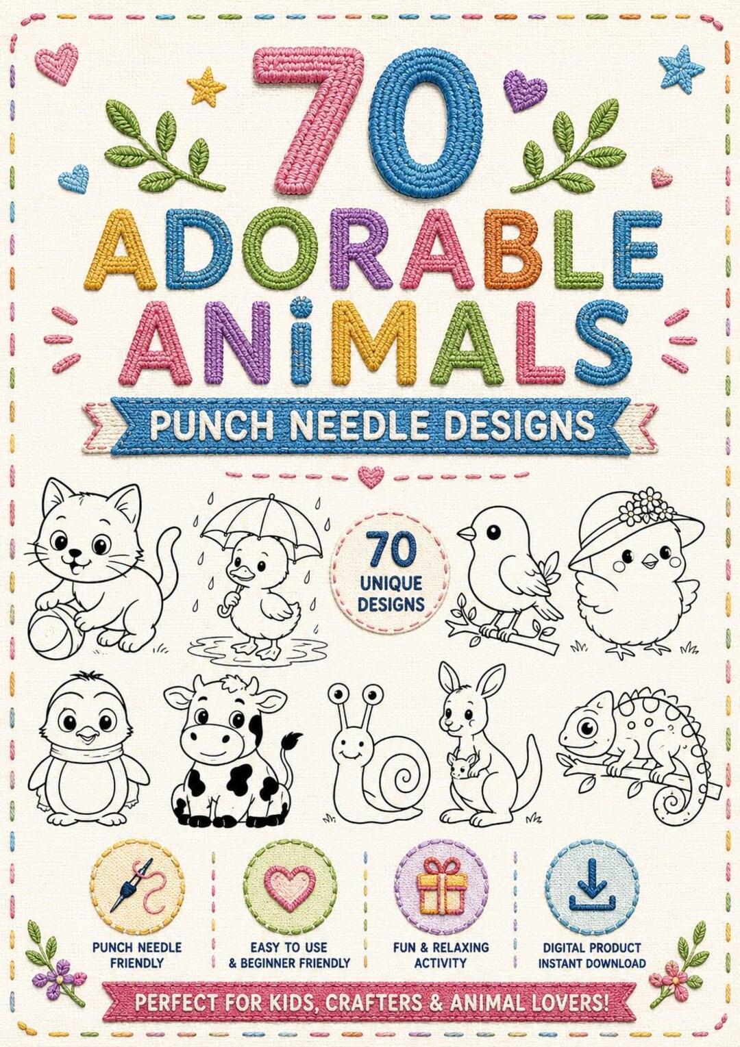 70 Adorable Animal Punch Needle Patterns Bundle,cute Animal Embroidery ...