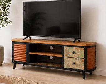 Vintage Solid Reclaimed Wood TV Cabinet with Drawers and Open Storage