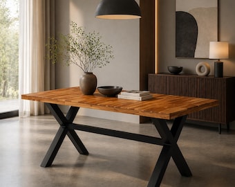 Rustic Dining Table with Solid Acacia and Mango Wood Top and Cross Legs