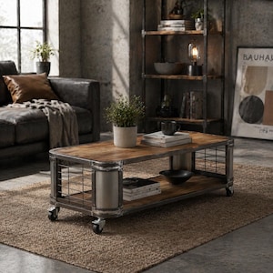 May include: A rustic coffee table with a wooden top and a metal frame. The table has a lower shelf and is on wheels. The room also features a leather sofa, a bookshelf, and a rug.