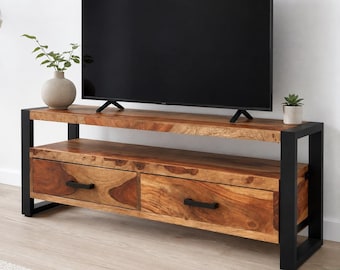 Solid Acacia Wood TV Cabinet — Rustic Vintage Style with Steel Frame 2 Drawers