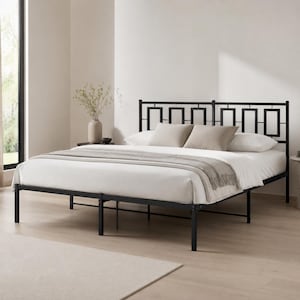 May include: A black metal bed frame featuring a geometric headboard with a rectangular grid pattern. The bed is dressed in white bedding with a light gray throw blanket draped across the foot, and two beige pillows resting against the headboard.