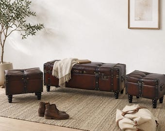 Vintage Trunk Storage Bench Set (3 pcs) with Faux Leather Upholstery