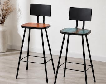 Set of 2 or 4 Solid Reclaimed Wood Bar Stools — Industrial Style / Steel Frame
