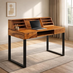 Solid Acacia Wood Writing Desk with Shelves, Drawers and Metal Frame