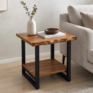Solid Acacia Wood End Table - Live Edge Side Table with Iron Frame