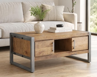 Industrial Rough Mango Wood Coffee Table with Doors and Grey Iron Frame