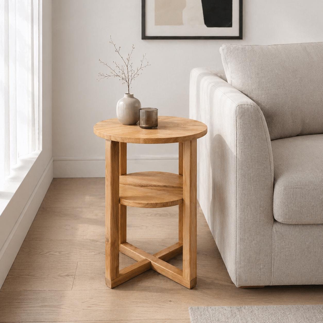Solid Oak Wood Round Side Table With Shelf — Scandinavian Style Bedside ...