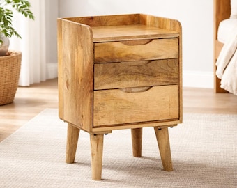 Mid-Century Nightstand - Solid Mango Wood Bedside Cabinet with 3 Drawers