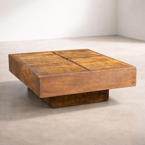 Solid Mango Wood Coffee Table – Mid-Century Square Block Design